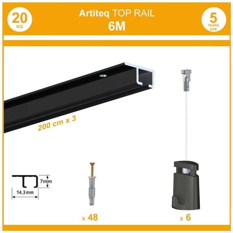 Pack 6 mètres cimaise Top Rail couleur Noir - Cimaise rail plafond pour suspension cadres et tableaux