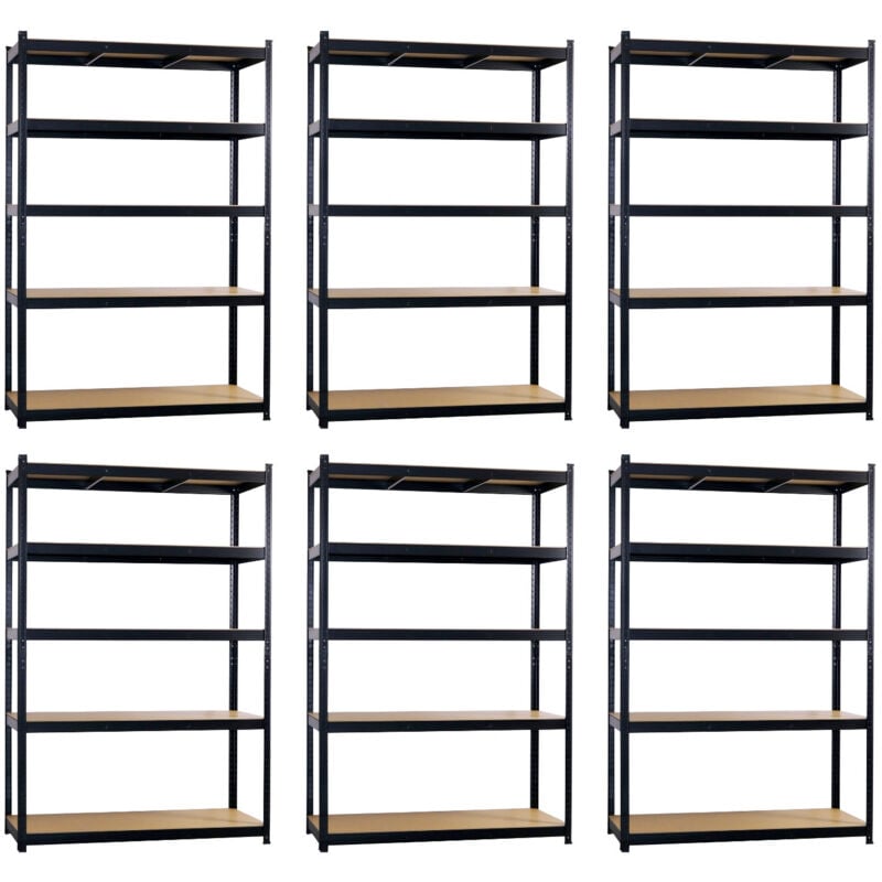 Pack 6 Rayonnages modulaires en métal avec 5 étagères 1250kg Noir 120x60x180cm 7house