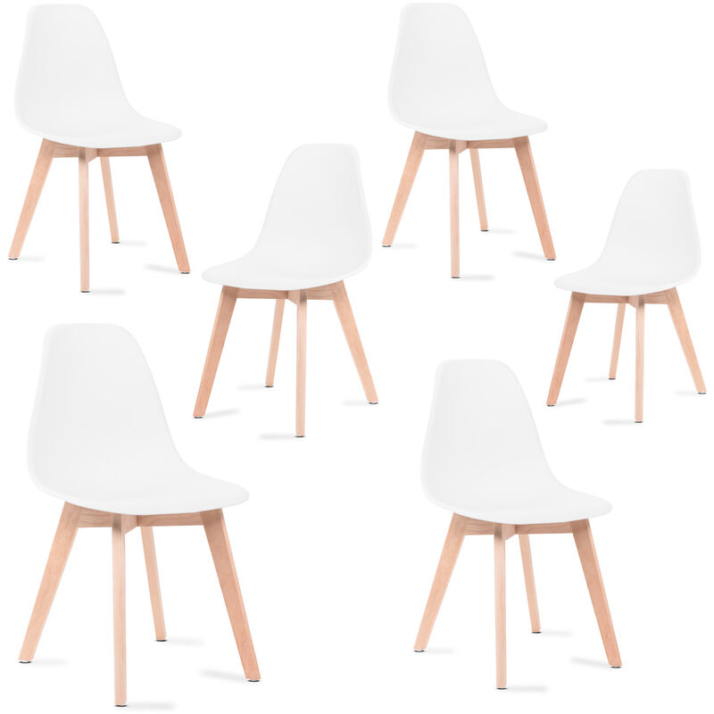 

Sillas de comedor blancas, sillas tulip con respaldo ergonómico de polipropileno y patas de madera, diseño escandinavo, pack de 6 sillas