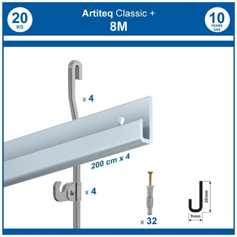 Pack 8 mètres cimaise Classic + Gallery couleur Aluminium - Solution d'accrochage pour décoration murale lourde