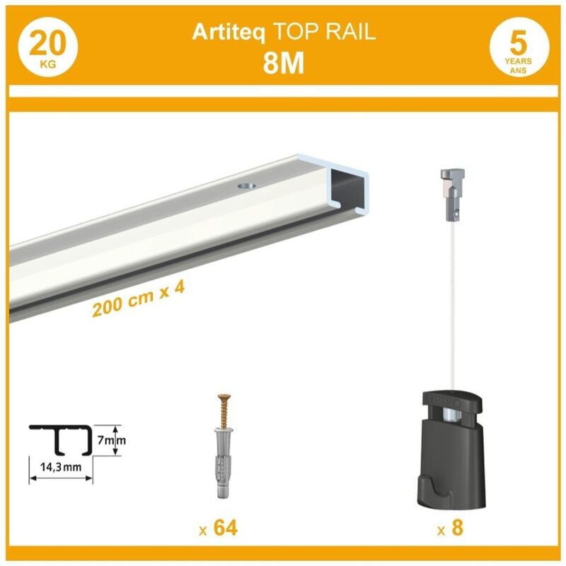 Pack 8 mètres cimaise Top Rail couleur Blanc - Cimaise rail plafond pour suspension cadres et tableaux