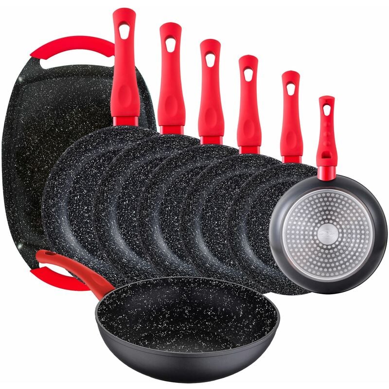 

Pack 8 piezas: Set de 6 sartenes Energy Ø18/20/22/24/26/28 cm + 1 Sartén Wok Ø26 cm + 1 Plancha grill 37x25 cm, aluminio forjado, negro