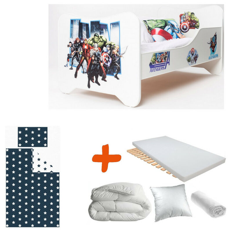 Pack 8en1 Lit Junior Avengers Matelas + Oreiller + Couette + Taie+ Housse de couette +Drap housse
