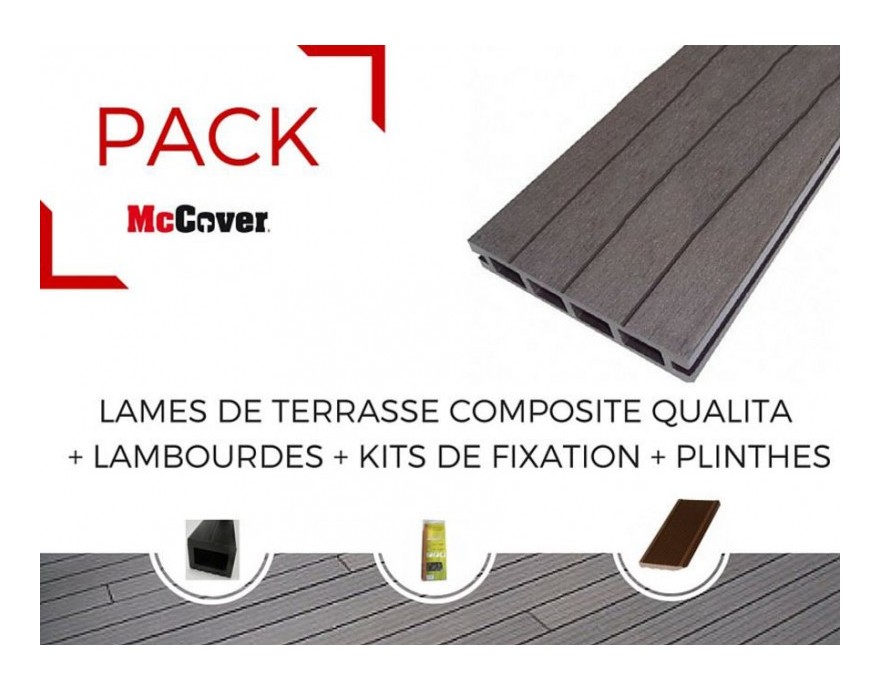 Pack 1 m² lame de terrasse composite Qualita accessoires 3600 mm - Coloris - Gris carbone, Epaisseur - 25mm, Largeur - 14 cm, Longueur - 360 cm,