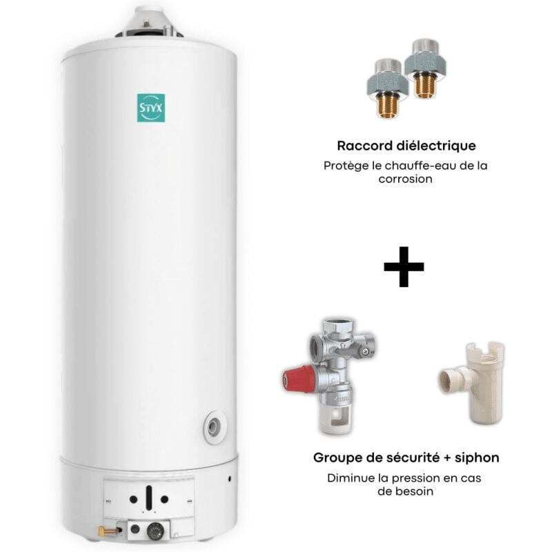Styx - Pack accumulateur gaz cheminée 155 l + raccord diélectrique + groupe sécurité + siphon