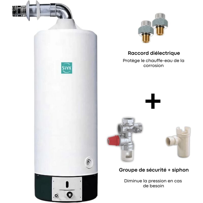 Pack accumulateur gaz Styx ventouse 155 l + raccord diélectrique + groupe sécurité + siphon