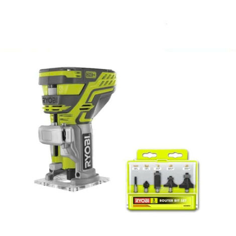 Pack affleureuse à bois RYOBI 18V OnePlus sans batterie ni chargeur R18TR-0 - Coffret 5 fraises panachées RAKRBS5