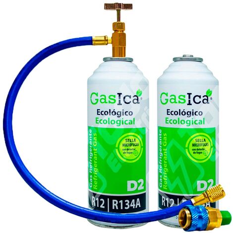 Pack ahorro (2x226Gr) Botellas Gas Refrigerante Ecológico Gasica D2 sustituto de R12, R134A más manguera con llave recarga Gas