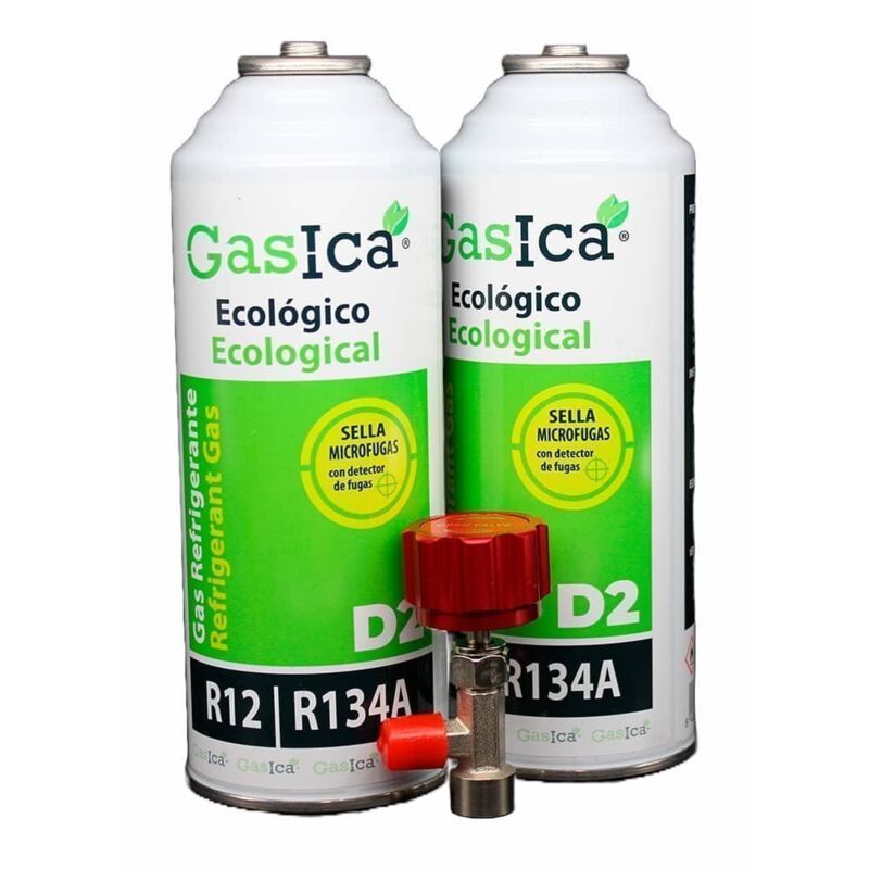 Todoelectrico - Pack ahorro (2x226Gr) Botellas Gas Refrigerante Gasica D2 sustituto de R12, R134A con llave recarga Gas