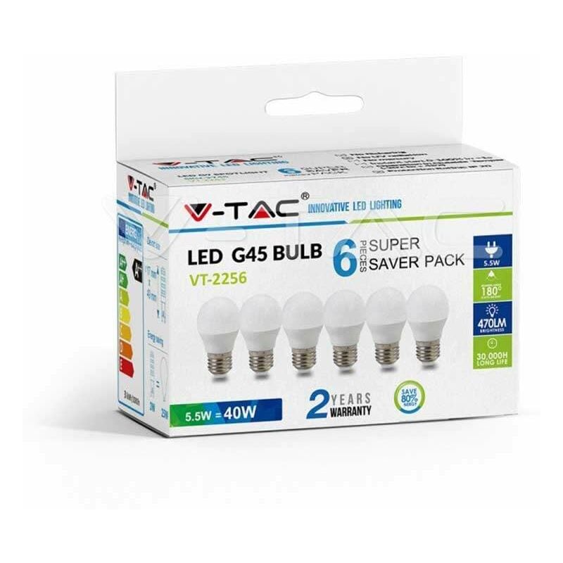 

Pack Ahorro 6 Ud - Bombilla LED globo G45 E27 5.5W 180° Temperatura de color - 2700K Blanco cálido
