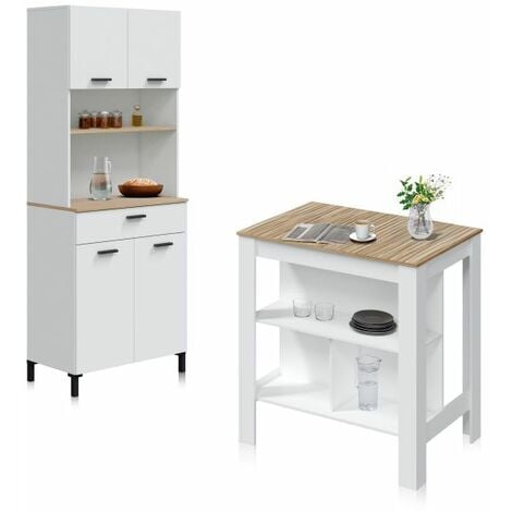 Pack alacena con mesa alta Nitza Blanco Artik (Blanco Mate) - Natur 40cm (ancho) x 185cm (alto)