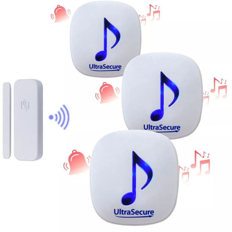 Ultra Secure - Pack alerte d'ouverture sans-fil 300m - Détecteur autonome + 3 Carillons 35 mélodies volume réglable (DA600+)