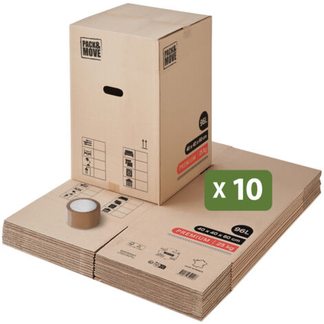 Pack and Move - Lot 10 Cartons Déménagement Premium - 40 X 40 X 60 Cm - Extrême Résistance 30 KG - Réutilisables - Double Épaisseur - Poignées Renforcées - 1 Adhésif Offert