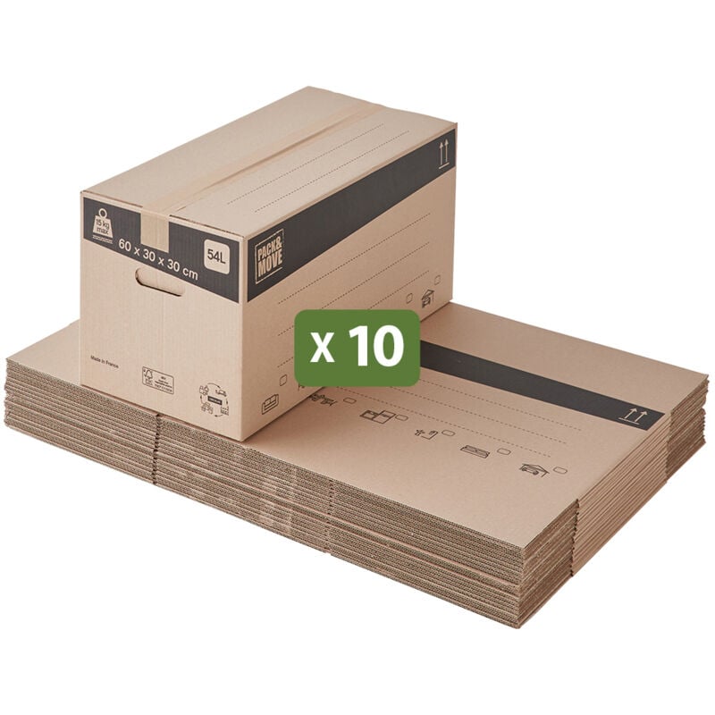 Pack and Move - Lot 10 cartons déménagement stockage standard - 60 x 30 x 30 cm - Poignées renforcées - 1 adhésif offert