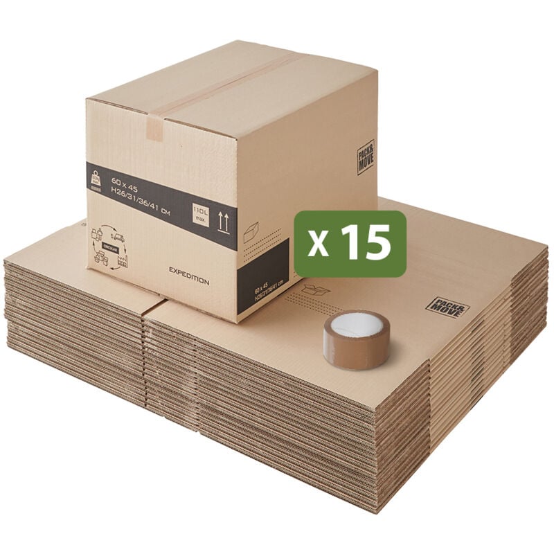 Lot 15 cartons déménagement hauteur modubale : variable et personnalisable - 60 x 45 x 31-41 cm - Poignées renforcées - 1 adhésif offert - Pack And