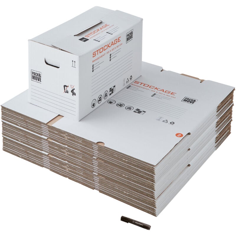 Pack and Move - Lot 20 cartons stockage - 55 x 30 x 30 cm - Poignées renforcées - 1 marqueur offert