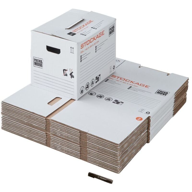 Lot 20 cartons stockage - 40 x 30 x 30 cm - Poignées renforcées - 1 marqueur offert - Pack And Move