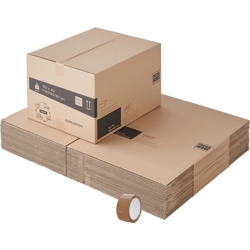 Pack and Move - Lot 25 cartons déménagement hauteur modubale : variable et personnalisable - 50 x 40 x 20-30 cm - Poignées renforcées - 1 adhésif