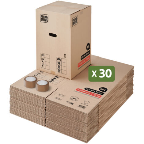 Pack and Move - Lot 30 Cartons Déménagement Premium - 40 X 40 X 60 Cm - Extrême Résistance 30 KG - Réutilisables - Double Épaisseur - Poignées Renforcées - 2 Adhésifs Offerts