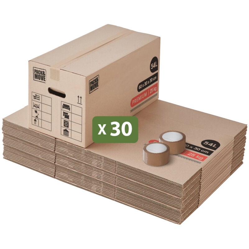 Lot 30 Cartons Déménagement Premium - 60 x 30 x 30 Cm - Extrême Résistance 25 kg- Réutilisables - Double Épaisseur - Poignées Renforcées - 2 Adhésifs