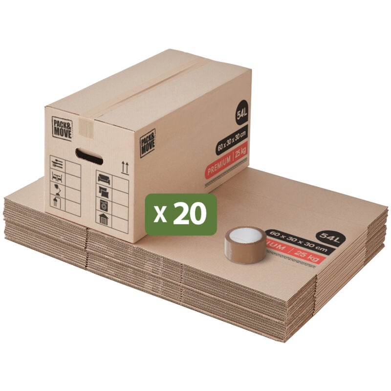 Lot 20 Cartons Déménagement Premium - 60 x 30 x 30 Cm - Extrême Résistance 25 kg- Réutilisables - Double Épaisseur - Poignées Renforcées - 1 Adhésif