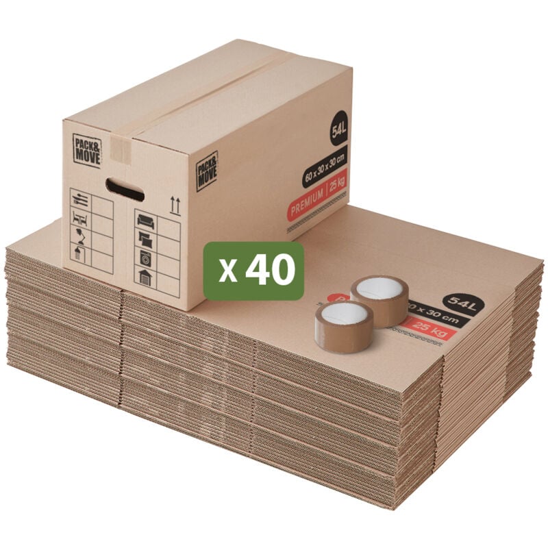 Lot 40 Cartons Déménagement Premium - 60 x 30 x 30 Cm - Extrême Résistance 25 kg- Réutilisables - Double Épaisseur - Poignées Renforcées - 2 Adhésifs