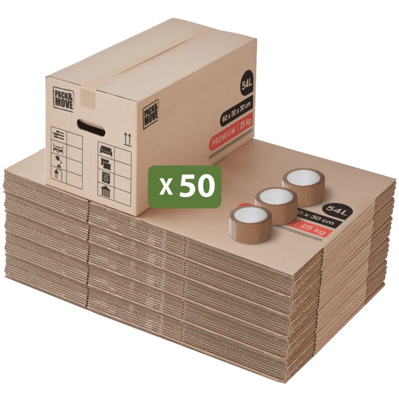 Lot 50 Cartons Déménagement Premium - 60 x 30 x 30 Cm - Extrême Résistance 25 kg- Réutilisables - Double Épaisseur - Poignées Renforcées - 3 Adhésifs