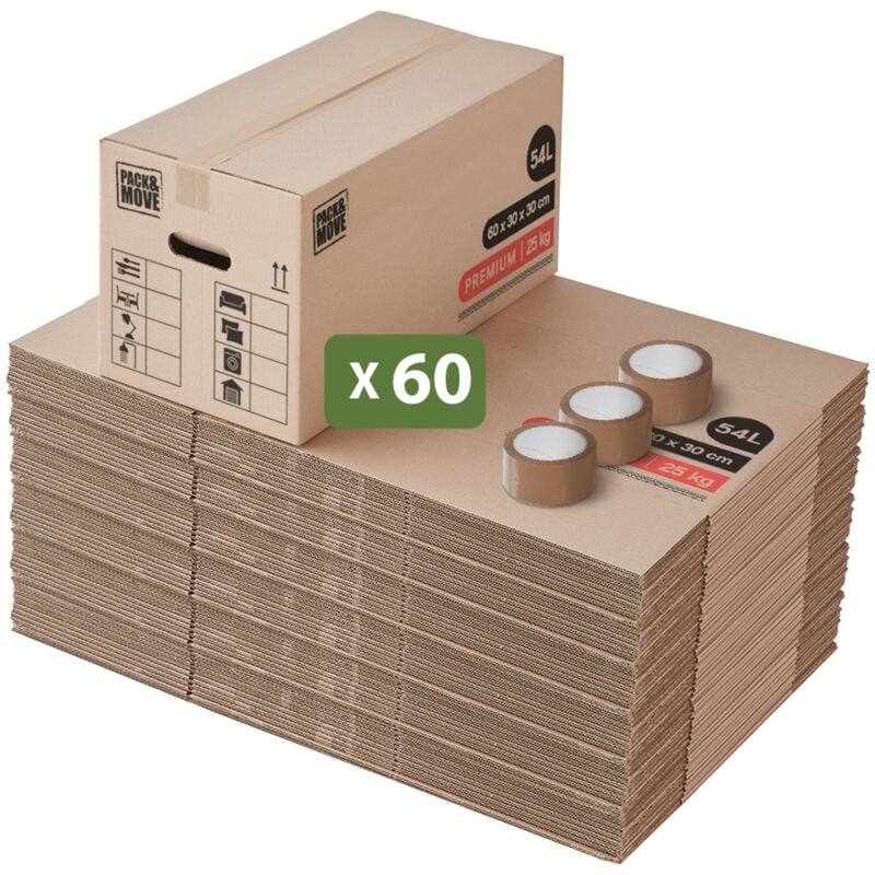 Lot 60 Cartons Déménagement Premium - 60 x 30 x 30 Cm - Extrême Résistance 25 kg- Réutilisables - Double Épaisseur - Poignées Renforcées - 3 Adhésifs