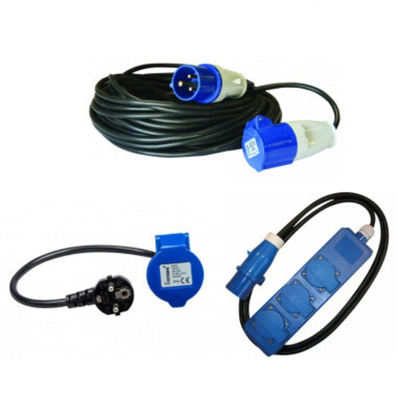 Pack Antarion Rallonge Electrique 15M Prise P17 + Adaptateur Femelle P17 230V + haba Rallonge multiprise 1.5m Camping Car
