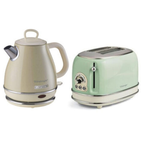 PACK ARIETE 1 Bouilloire Electrique 1L Sans Fil Vintage Beige + 1 Grille-pain 2 fentes Thermostat 6 positions Vert