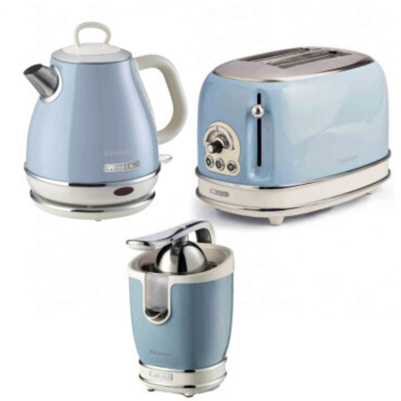 Pack Ariete Bouilloire électrique 1L + Grille-Pain Acier + Presse-agrumes électrique Bleu Vintage Rétro