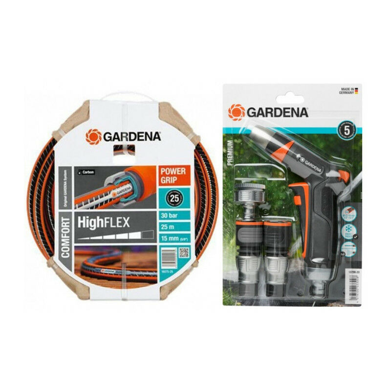 Gardena - Pack arrosage : tuyau highflex 25m Ø15mm + pistolet d'arrosage Premium + nez de robinet + raccords