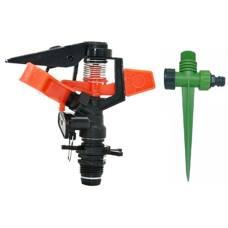 Pack aspersor agrícola sectorial 1/2" mas pincho porta aspersor.  Aspersor agrícola sectorial bajo caudal fabricado en plástico y acero inoxidable. Sistema de tensión del muelle regulable para variar