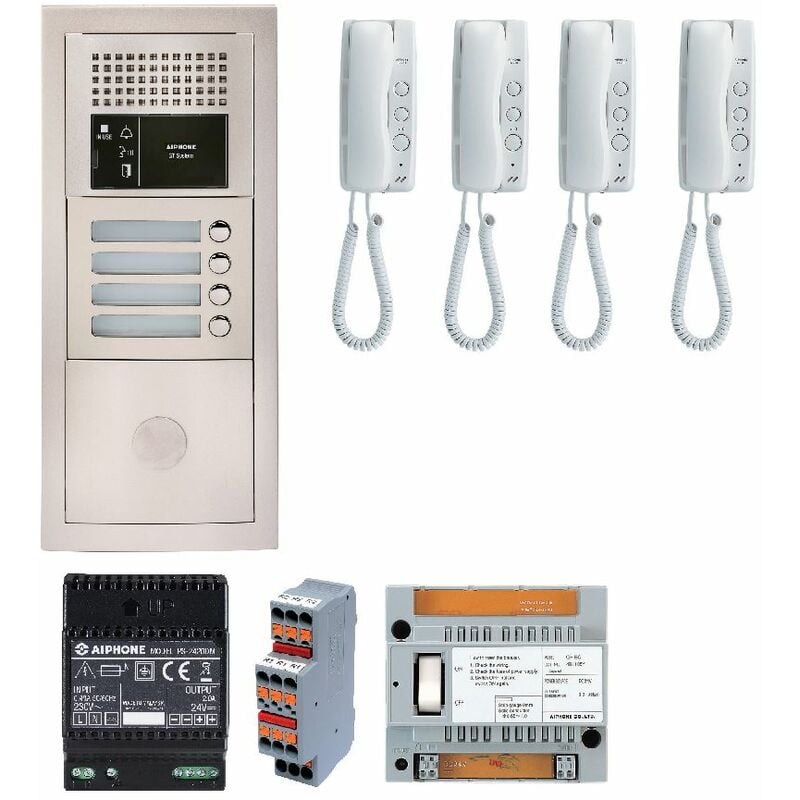 Pack audio GTBA4E avec 4 boutons et 4 postes GT1D préprogrammés, platine de rue encastrée Aiphone