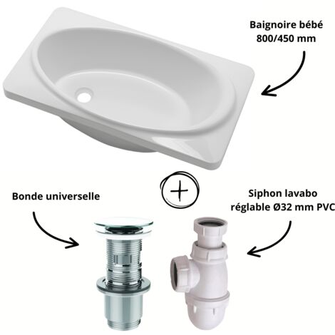 Pack baignoire bébé 800x450 mm – Bonde universelle Cut&Click – Siphon réglable Ø32 en PVC – Installation rapide et hygiénique – Sanindusa
