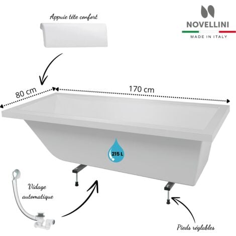 Pack baignoire rectangulaire CALOS 2.0 Novellini avec pieds + repose tête + vidage Dimensions 170x80