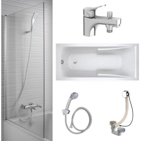 Pack bañera recta 170 x 70 JACOB DELAFON Corvette + monomando baño ducha & set ducha + mampara bañera + desagüe