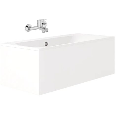 Pack bañera recta 170 x 75 JACOB DELAFON Elise + faldón rinconera + monomando baño-ducha de pared Aimé cromo + desagüe