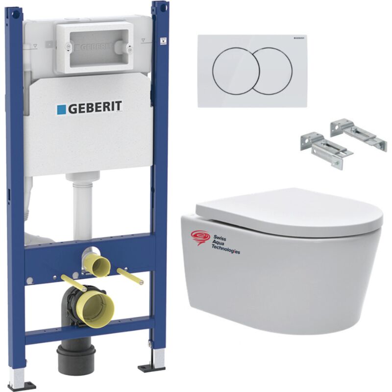 Geberit - Pack Bati-support 112cm + Cuvette Swiss Aqua Technologies sans bride + Plaque blanche (SATrimlessGeb3)
