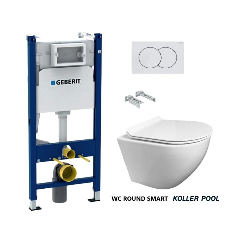 Pack Bati-Support Geberit Duofix réservoir Encastrable et plaque delta 01 bl br avec wc suspendu kp round smart Abattant fin blanc