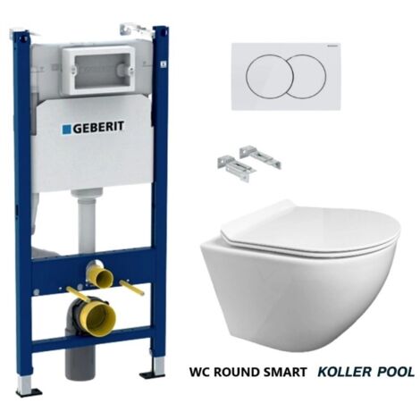 Pack Bati-Support GEBERIT Duofix réservoir Encastrable et plaque  DELTA 01 bl br avec WC suspendu KP ROUND SMART Abattant fin blanc