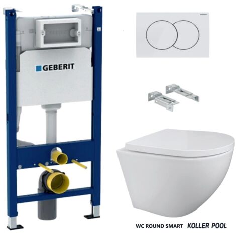 Pack Bati-Support GEBERIT Duofix réservoir Encastrable et plaque  DELTA 01 bl br avec WC suspendu KP ROUND SMART Blanc Tornado 3.0
