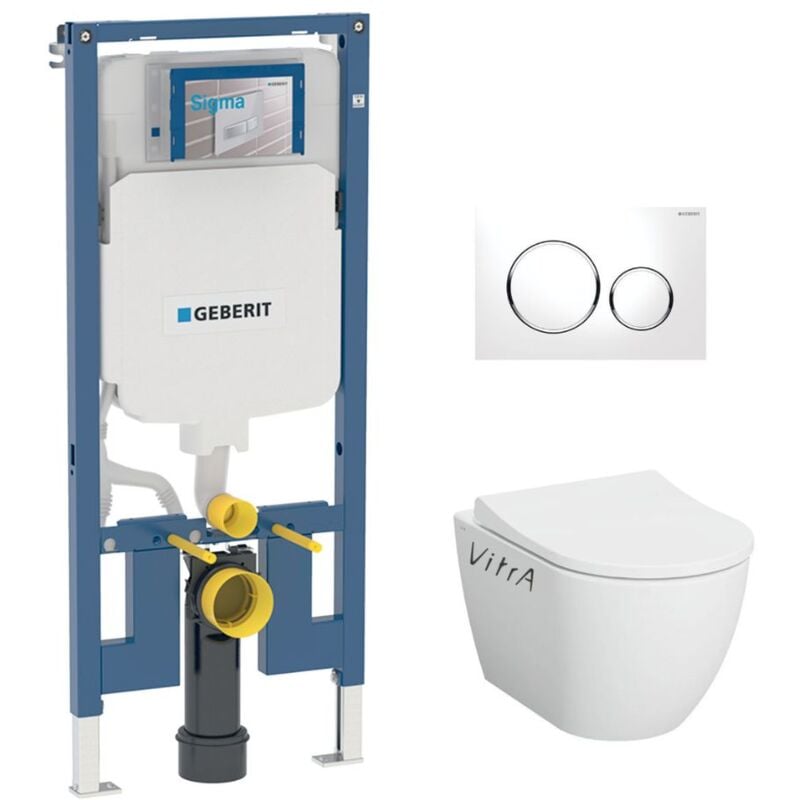 Pack bâti-support Geberit extra-plat UP720 + wc sans bride Vitra S60 + Abattant SoftClose + Plaque blanche (SLIM-S60-C)