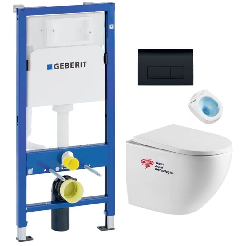 Pack bati-support Geberit + WC sans bride Swiss Aqua Technologies + Abattant SoftClose + Plaque noir mat (FusionTQGeb10)