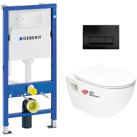 Pack Bâti-support Geberit + WC sans bride Swiss Aqua Technologies + abattant SoftClose + plaque noir mat (ProjectGeb10)