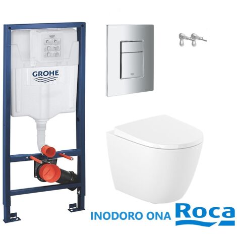 Pack Bati-support GROHE – réservoir encastré, plaque chrome et WC suspendu Roca Ona blanc 48 cm