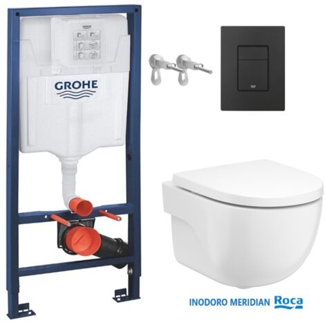 Pack Bati-support GROHE – réservoir encastré, plaque noir mat et WC suspendu Roca Meridian blanc 48 cm SAT