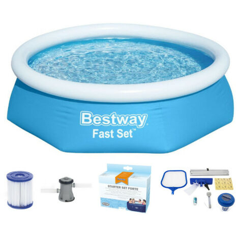 Pack BESTWAY Piscina redonda autoportante - Fast Set - 244 x 61 cm - Kit de tratamiento del agua - Set de accesorios de - Bleu