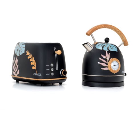 Pack Brottoaster Caprizze Kaito mit Doppeltem Extrabreitem Schlitz und Kessel Nara Mattschwarz mit Retro-Vintage-Blumendesign