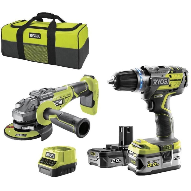 Ryobi - Pack Brushless perceuse-visseuse à percussion 18V One+ - Meuleuse d'angle 125 mm 18V One+ - 2 batteries 1 chargeur rapide R18CK2BL-252S
